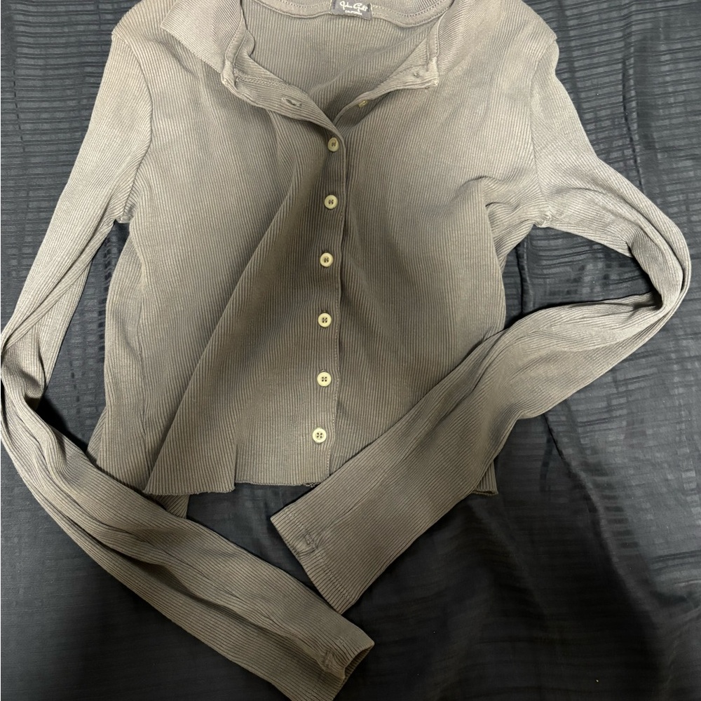 Blue  Button-Up Ribbed Cardigan
